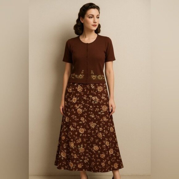 Vintage Dresses & Skirts - Jaclyn Smith Vintage Floral Two-Piece Set Brown Top M Maxi Skirt L Cottagecore